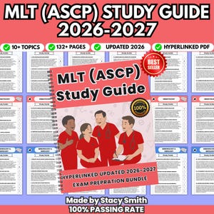 May include: A spiral-bound MLT (ASCP) Study Guide 2026-2027 featuring a pink cover with an illustration of four medical professionals in red scrubs. The cover includes text stating 100% guarantee, hyperlinked updated 2026-2027 exam preparation bundle, and best seller badge.