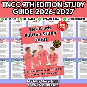 May include: A spiral-bound TNCC 9th Edition Study Guide 2026-2027 featuring an illustration of four medical professionals in coral scrubs. The cover includes text stating 100% guarantee, hyperlinked updated 2026-2027 exam preparation bundle.