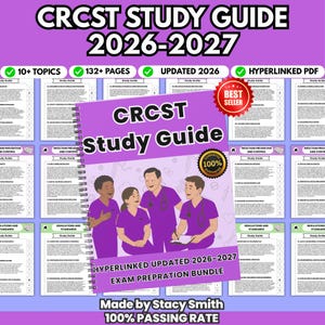May include: A spiral-bound CRCST Study Guide 2026-2027 featuring a purple cover with an illustration of four medical professionals in purple scrubs. The text includes "CRCST Study Guide," "100% Guarantee," "Best Seller," and "Exam Prepration Bundle."