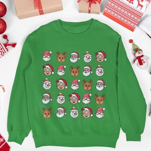 Christmas Characters Crewneck Sweatshirt - Santa, Reindeer, Gnome, Snowman, Mrs Claus Emoji Pattern
