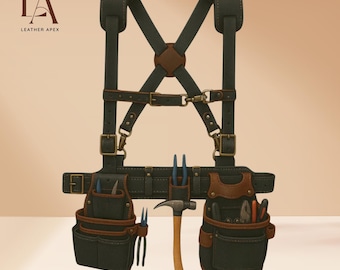Personalized Full-Grain Leather Tool Belt with Suspenders – Heavy-Duty Carpenter Rig