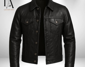 Men's Black Genuine Leather Trucker Jacket, Vintage Biker Style Outerwear