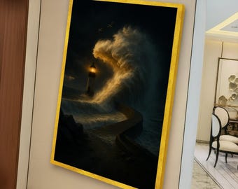 Obraz na płótnie z dramatyczną falą oceaniczną rozbijającą się o latarnię morską, nastrojowy pejzaż morski, dekoracja ścienna w burzliwą noc, wydruk na płótnie z oświetloną latarnią morską