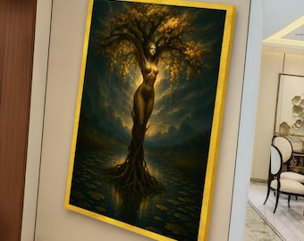 Enchanted Tree Woman Canvas Art, Mystical Nature Wall Decoration, Spiritual Forest Scene, Mythical Tree Goddess Canvas, Living Tree Figure