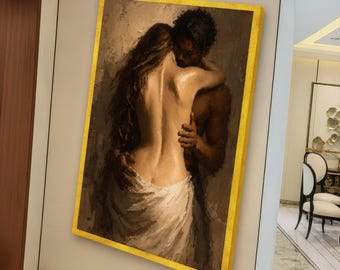Intime Umarmung Leinwand Wandkunst, romantische Paar Umarmung, sinnliche weibliche Akt, warme Erdtöne, modernes Schlafzimmer Dekor, Liebe und Verbindung