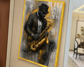 May include: A framed canvas art print featuring a musician playing a golden saxophone. The artwork depicts a man in a suit and hat, set against a backdrop of gray and gold abstract elements. The frame has a gold border.