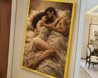 Romantische Umarmung Leinwand Wandkunst, Paar Bett Illustration, intimes Schlafzimmer Dekor, sinnliche Liebhaber Leinwand, warme getönte Dekoration