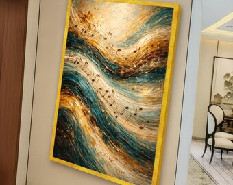 Fließende Musiknoten Leinwand, Abstrakte Schallwellen Wandkunst, Gold und Blau Wohnkultur, Moderne Musik Leinwand Kunstwerk, Fertig zum Aufhängen