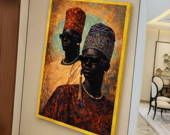 Elegantes afrikanisches Königshaus-Porträt, moderne Mode-Leinwand, Kultur und Erbe Wandkunst, schwarze Exzellenz-Dekoration, fertig zum Aufhängen der Leinwand