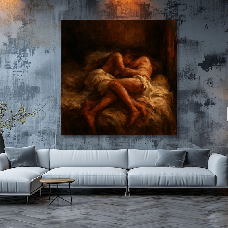 Intimate Embrace Canvas, Romantic Couple Wall Art, Sensual Bedroom Decor, Warm Toned Canvas Cozy Love Scene, Artistic Home Decoration image 6