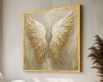 Golden Angel Wings Canvas, Feather Wall Art, Spiritual Home Decor, Metallic Accent Ready to Hang Canvas Art