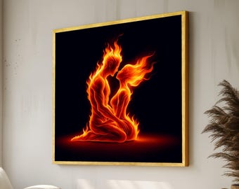 Fiery Passion Couple Silhouette Canvas, Flaming Love Art, Intense Romance Wall Decor, Modern Abstract Flames Sensual Home Decoration