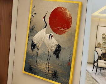 Elegante japanische Kraniche Leinwand, Rote Sonne Wandkunst, Asiatische Naturszene, Minimalistisches Vogeldekor, Ruhige Reflexion Leinwand