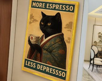 Schwarze Katze im traditionellen Kimono, Leinwandbild „Mehr Espresso, weniger Depression“, humorvolle Kaffee-Wandkunst, asiatische Katzendekoration, fertig zum Aufhängen