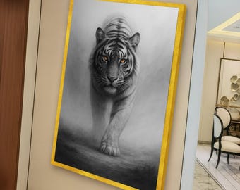 Lienzo "Paseo de Tigre Majestuoso", Arte de pared de vida silvestre en blanco y negro, Lienzo con retrato de animal feroz, Decoración de naturaleza para el hogar, Listo para colgar