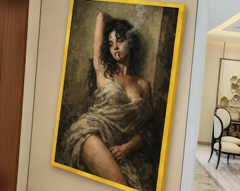 Cuadro decorativo de pared "Mujer melancólica fumando", retrato de estilo vintage, figura femenina emotiva, decoración dramática para el hogar, lienzo artístico para pared.