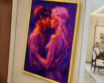 Passionate Embrace Abstract Canvas, Romantic Couple Wall Art, Modern Expressionist Colorful Intimate Home Decor, Ready to Hang Canvas