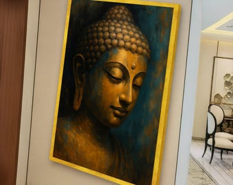 Tela com Rosto de Buda Tranquilo, Arte de Parede com Buda Dourado, Decoração Espiritual para Casa, Tela Meditativa Zen para Quarto