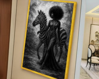 Black and White Zebra Woman Canvas, Afro Art Print, African Wall Art, Monochrome Canvas Decor, Exotic Wildlife Portrait, Home Decoration