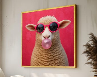 Sheep in Pink Sunglasses Blowing Bubble Gum Canvas Print, Funny