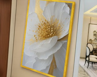 Elegant White and Gold Floral Canvas, Modern Flower Wall Art, Petal Design, Luxury Home Decor, Ready to Hang Canvas