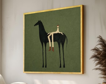Minimalistische schwarze Segeltuchwandkunst, abstrakte Reiter-Illustration, modernes Wohndekor, grüner Hintergrund-Leinwand