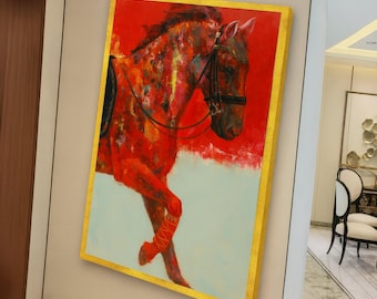 Abstract Red Horse Canvas Wall Art, Equestrian on Bold Red Background, Contemporary Animal Decor, Modern Canvas for Living Room