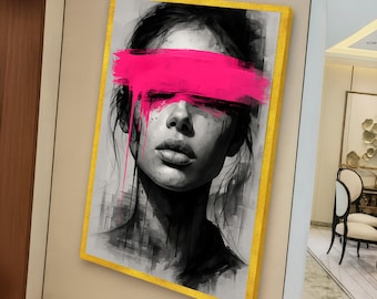 Modern Abstract Portrait Canvas, Woman Face Wall Art, Black and White with Pink Accent, Contemporary Home Décor, Expressionist Canvas Print