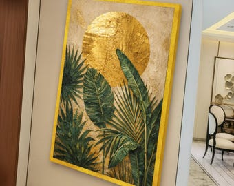 Goldene Sonne mit tropischen Palmblättern Leinwand, Botanische Wandkunst, moderne Natur Leinwanddekor, grüne Dekoration, fertig zum Aufhängen
