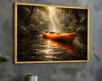 Ruhiger Dschungel-Kajak, goldene Sonnenstrahlen, Leinwand, tropische Flussszene, Naturabenteuer, Flusslandschaft