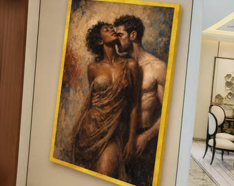 Romantische Umarmung Paar Leinwand, sinnliche Wandkunst, leidenschaftliche Liebe Porträt, intimes Schlafzimmer Dekor, elegante Leinwand Kunstwerk