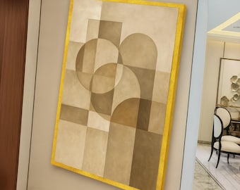 Neutrale tinten geometrisch canvas, minimalistische muurkunst, moderne abstracte vormen, beige bruin huisdecor, eigentijds canvas