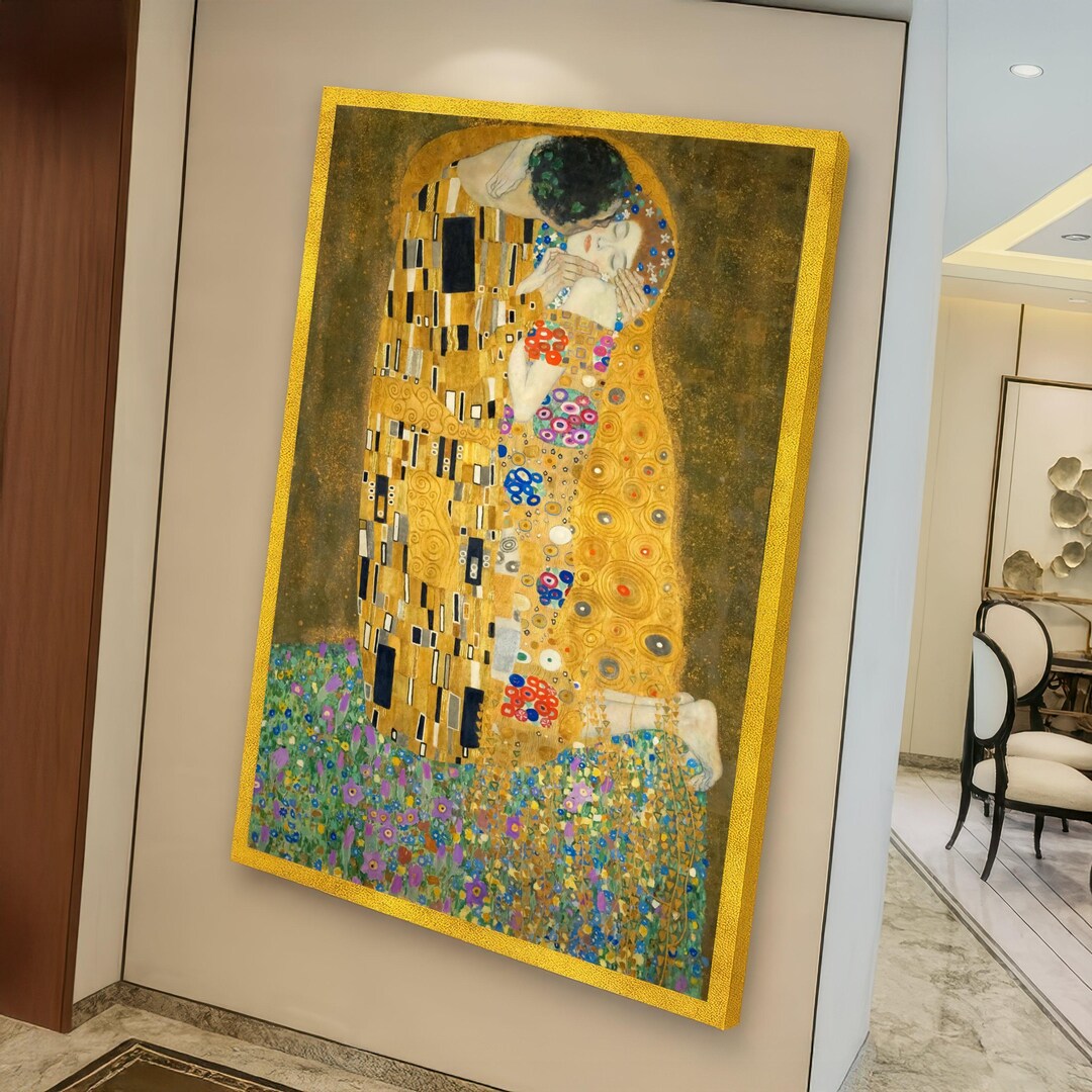 The Kiss by Gustav Klimt Canvas Wall Art, Romantic Embrace Gold Accent ...