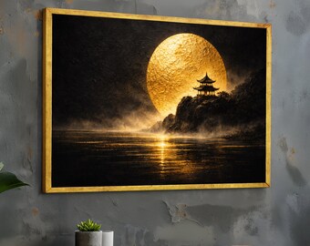 Goldene Mondschein-Pagodenszene Leinwand, asiatische Landschaftswandkunst, ruhige Nachtreflexion, mystische Naturleinwand, fertig zum Aufhängen