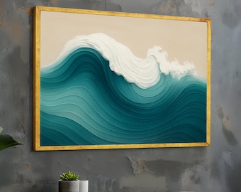 Abstract Ocean Wave Canvas, Blue Sea Wall Art, Coastal Home Decoration, Modern Wave Ready to Hang Canvas Art