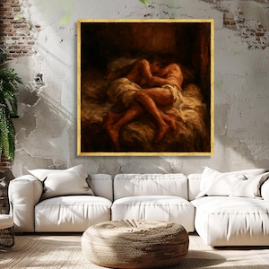 Intimate Embrace Canvas, Romantic Couple Wall Art, Sensual Bedroom Decor, Warm Toned Canvas Cozy Love Scene, Artistic Home Decoration image 2