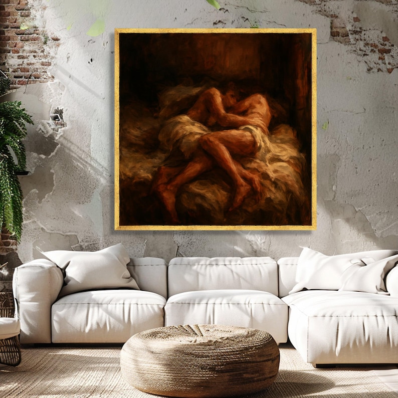 Intimate Embrace Canvas, Romantic Couple Wall Art, Sensual Bedroom Decor, Warm Toned Canvas Cozy Love Scene, Artistic Home Decoration image 2