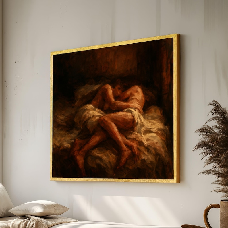 Intimate Embrace Canvas, Romantic Couple Wall Art, Sensual Bedroom Decor, Warm Toned Canvas Cozy Love Scene, Artistic Home Decoration image 1