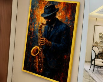 Op de afbeelding: Een ingelijste canvas print van een muzikant die saxofoon speelt. Het kunstwerk toont een man in een blauw pak en hoed, met een goudkleurige saxofoon. De achtergrond heeft een mix van blauwe, oranje en rode penseelstreken, met een gouden lijst.