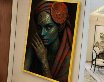 Mystical Tribal Woman Portrait Canvas, Ethnic Face Paint Wall Art, Blue and Red Body Art Canvas, Cultural Home Decor, Detailed Face