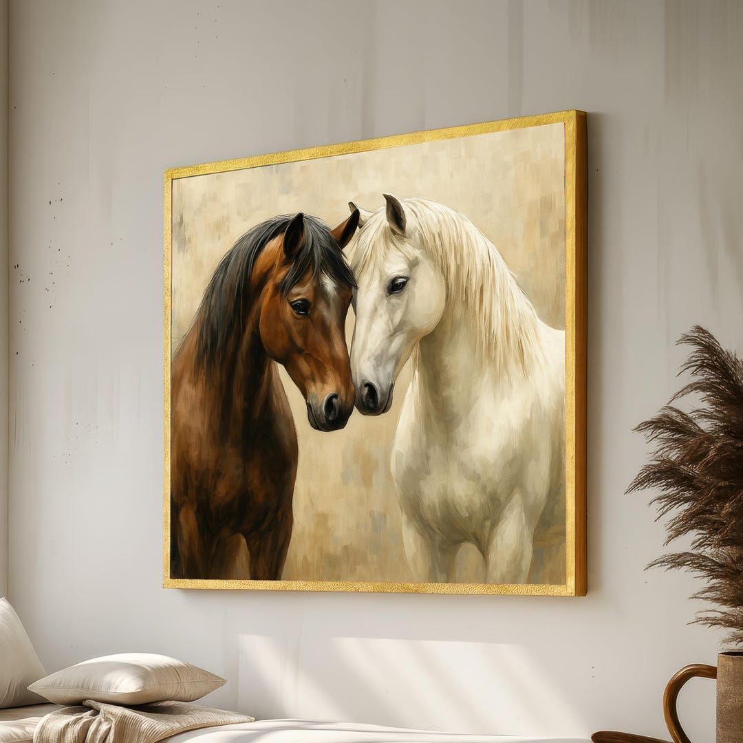 Elegant Brown and White Horses, Two Horse Portrait Canvas, Animal Wall ...