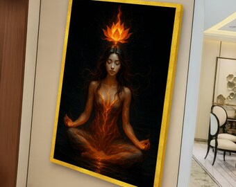 Mulher meditativa com lótus flamejante, tela de energia espiritual, arte de parede para ioga, decoração para despertar dos chakras, design de chama mística