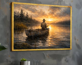 Ruhiger Sonnenuntergang Angeln, Mann Boot Leinwand, Fluss Landschaft Wand Kunst, Im Freien Gelassenheit Dekor, Naturszene Leinwand Kunst
