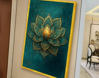 Puede incluir: Una obra de arte en lienzo enmarcada en color turquesa y dorado con un diseño detallado de flor de loto. La flor tiene pétalos turquesa con detalles dorados y un centro dorado. El fondo es de color turquesa con motas doradas.