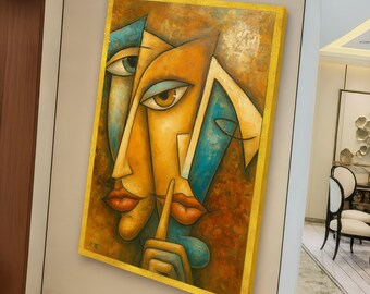 Abstract Faces Canvas Wall Art, Modern Cubism Colorful Geometric Portrait, Contemporary Home Decor, Expressionist Wall Art