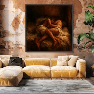 Intimate Embrace Canvas, Romantic Couple Wall Art, Sensual Bedroom Decor, Warm Toned Canvas Cozy Love Scene, Artistic Home Decoration image 3