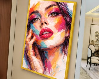 Lebendige bunte Frau Porträt Leinwand, moderne Wandkunst weibliches Gesicht, mutige abstrakte Wohnkultur, zeitgenössische Leinwanddruck
