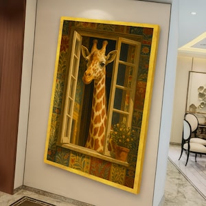 May include: A framed canvas art print depicts a giraffe looking out of a window. The giraffe has a long neck and a patterned coat of brown and tan. The window is open, and a small potted plant sits on the windowsill. The frame is gold.