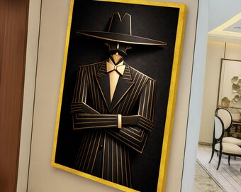Elegante Gentleman Silhouette, schwarz und gold Nadelstreifen Leinwand, moderne Wandkunst, stilvolle männliche Figur Leinwand, anspruchsvolles Wohndekor