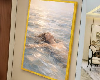 Ruhige schwimmende Frau Leinwand, ruhige Wasserreflexion, entspannende Badszene, Spa-Wandkunst, ruhige Meeresoberfläche, Innendekoration